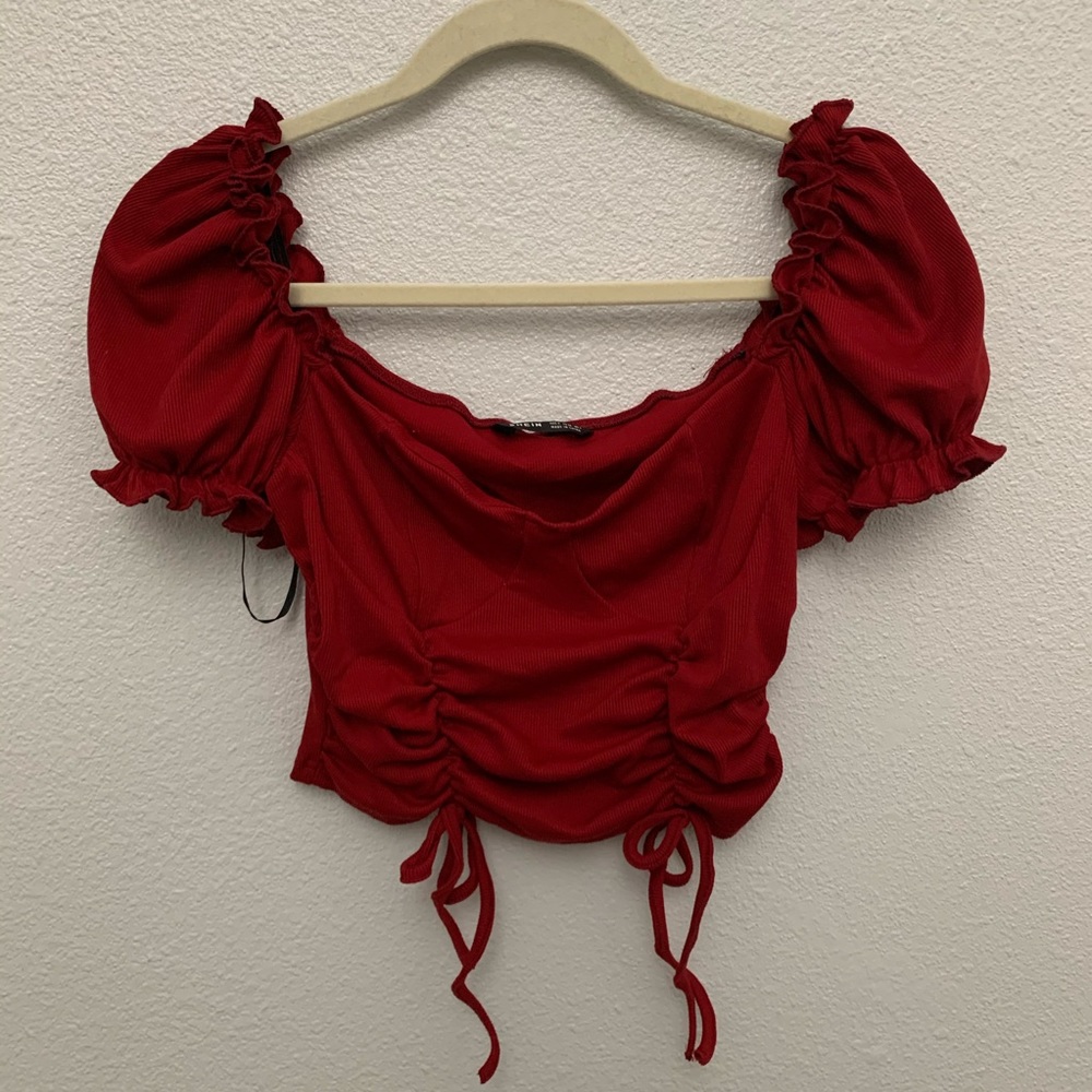 Puff sleeve drawstring knot front top